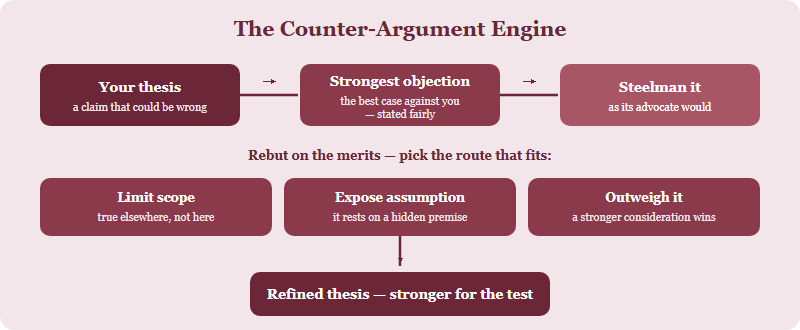Flow of the counter-argument engine: state your thesis, identify the strongest objection, steelman it fairly, then rebut by limiting scope, exposing an assumption, or outweighing, leading to a refined thesis.