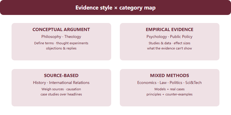 Grid mapping four evidence styles - conceptual, empirical, source-based, mixed - to the ten John Locke subject categories