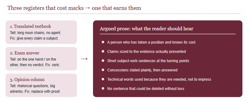 Three default registers in second-language John Locke drafts - translated textbook, exam answer and opinion column - and the argued-prose register that scores, with the diagnostic tell and the fix for each