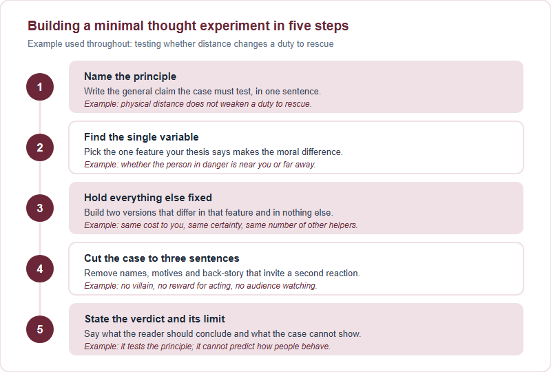 Five steps for building a minimal thought experiment: name the principle, find the single variable, hold everything else fixed, cut the case to three sentences, and state the verdict together with what the case cannot show.