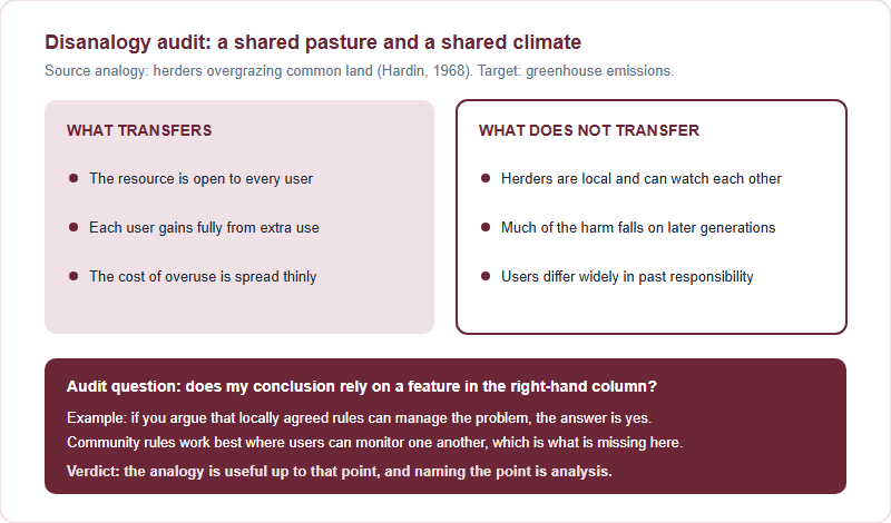 A disanalogy audit comparing overgrazing of a shared pasture with greenhouse emissions. Features that transfer: an open resource, full private gain from extra use, and costs spread thinly. Features that do not transfer: herders are local and can watch each other, much of the harm falls on later generations, and users differ widely in past responsibility. The audit asks whether a conclusion relies on any feature that does not transfer.